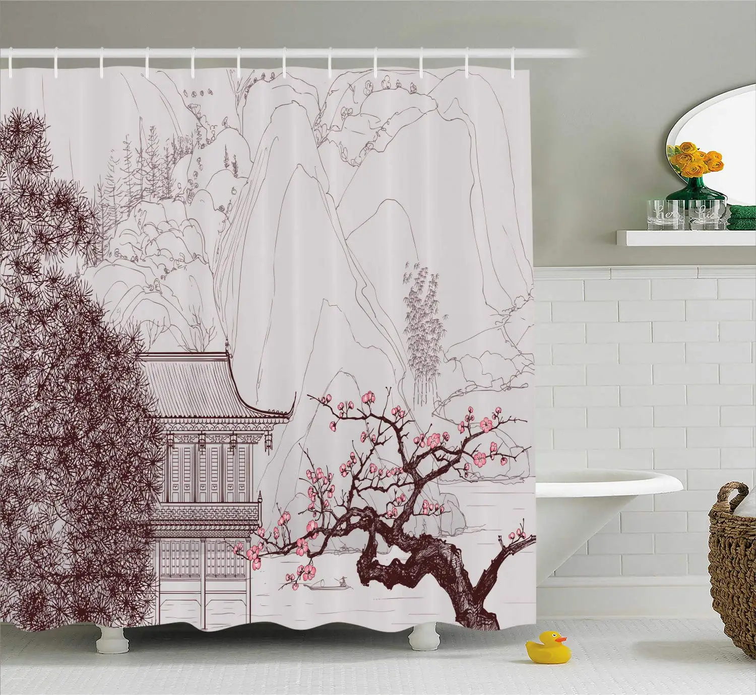 Asian Shower Curtain Chinese Religion Building Sakura Trees Mountain