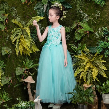 

Teenage Girls Long Dresses Light Green Beading Floral Flower Mesh Princess Kids Boutique Bridesmaid Clothing 4-12 Years