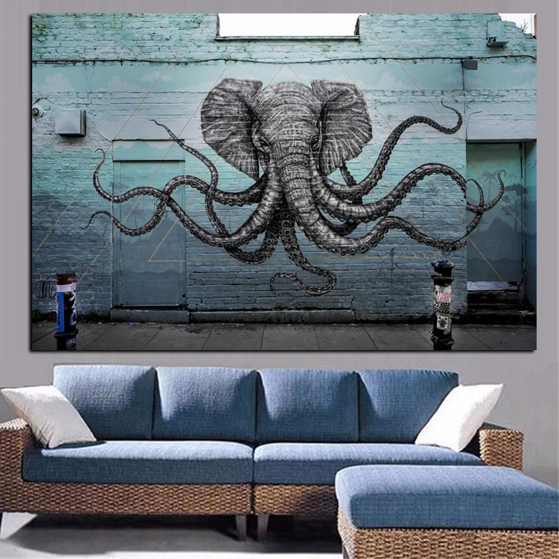 Mural Hybrid Gajah Gurita Makhluk Lukisan Di Atas Kanvas Cetak Seni Pop Hewan Dinding Gambar Untuk Ruang Cuadros Dekorasi Print On Canvas Picture For Living Roompictures On Wall Aliexpress