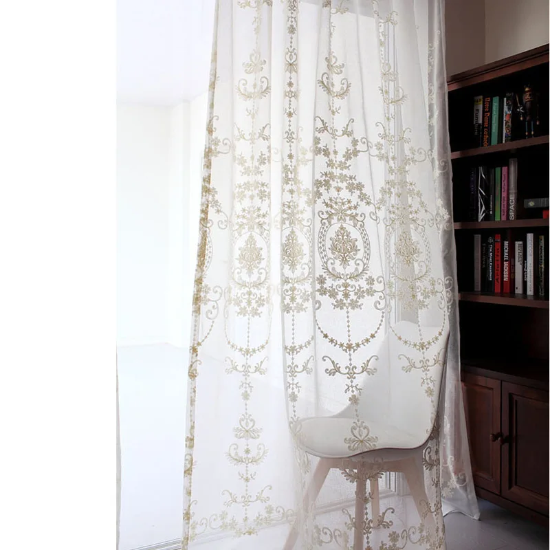 Вышитые прозрачные шторы Европейский дворцовый дизайн бежевое окно Тюль домашний декор цветочный узор Роскошная вуаль шторы