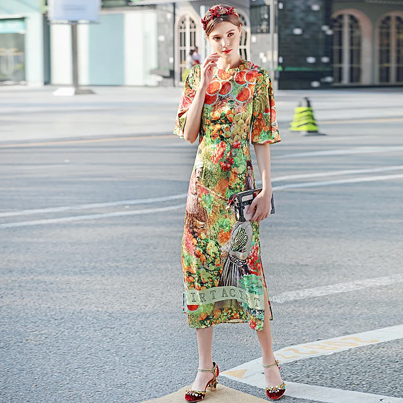 

Milan Catwalk New Quality Runway Designer 2018 Spring Summer Fashion Women'S Party Beach Boho Print Fruit Elegant Long Dress
