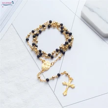 Rosary necklace Jesus christ cross pendant necklaces Alloy bead long chain mens women virgin mary christian fashion jewelry(China)