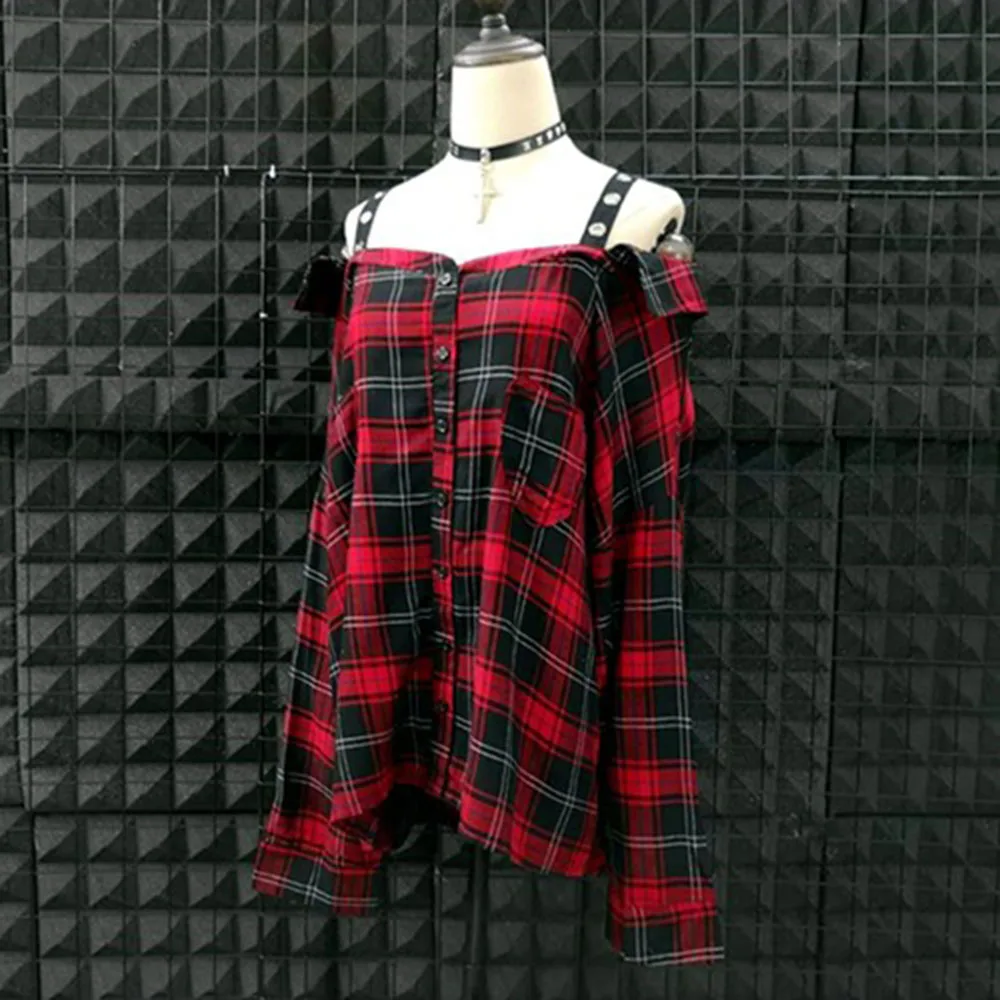Rosetic Gothic Women Plaid Shirts Retro Womens Strap Tops And Blouses Red Striped Blusa Feminina Blusas Mujer Off The Shoulder - 32903969900