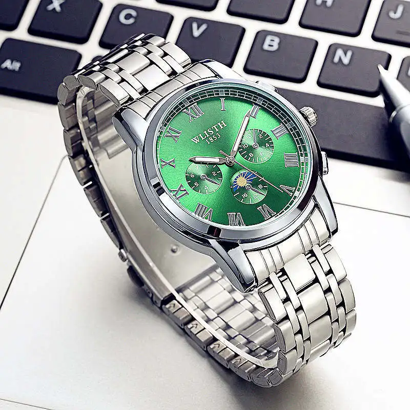 WLISTH мужские настольные спортивные светящиеся водонепроницаемые наручные часы для отдыха, мужские кожаные кварцевые часы Rolex_watch - Цвет: Steel green-1