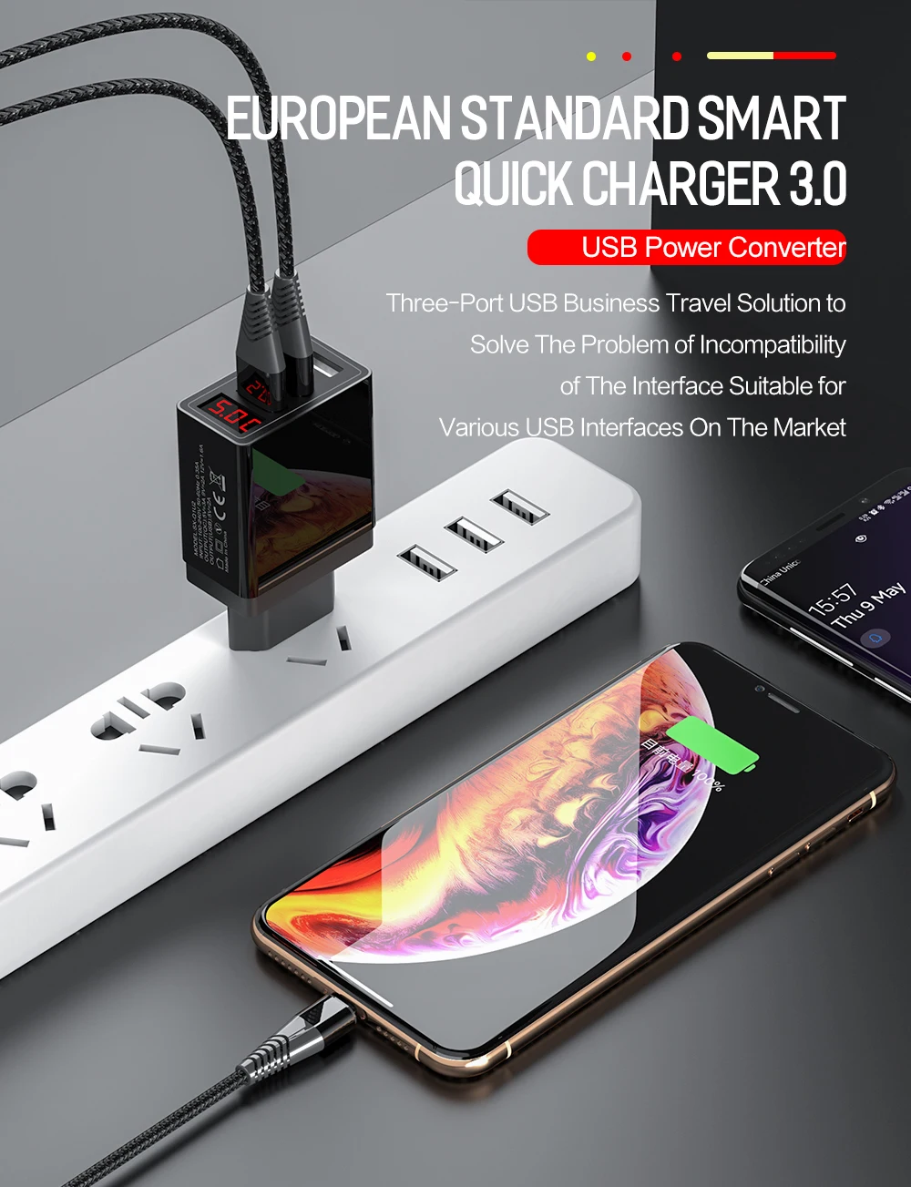 ROCK Quick Charge 3,0 зарядное устройство для телефона USB 30 Вт QC3.0 светодиодный светильник дисплей QC Turbo Быстрая зарядка для iPhone Xiaomi Mi 9 huawei P30 Pro