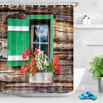 

LB Window of an Old Wooden Cabin Hut Bathroom Shower Curtain Farmhouse Barn With Mat Set Waterproof Fabric For Art Bathtub Decor