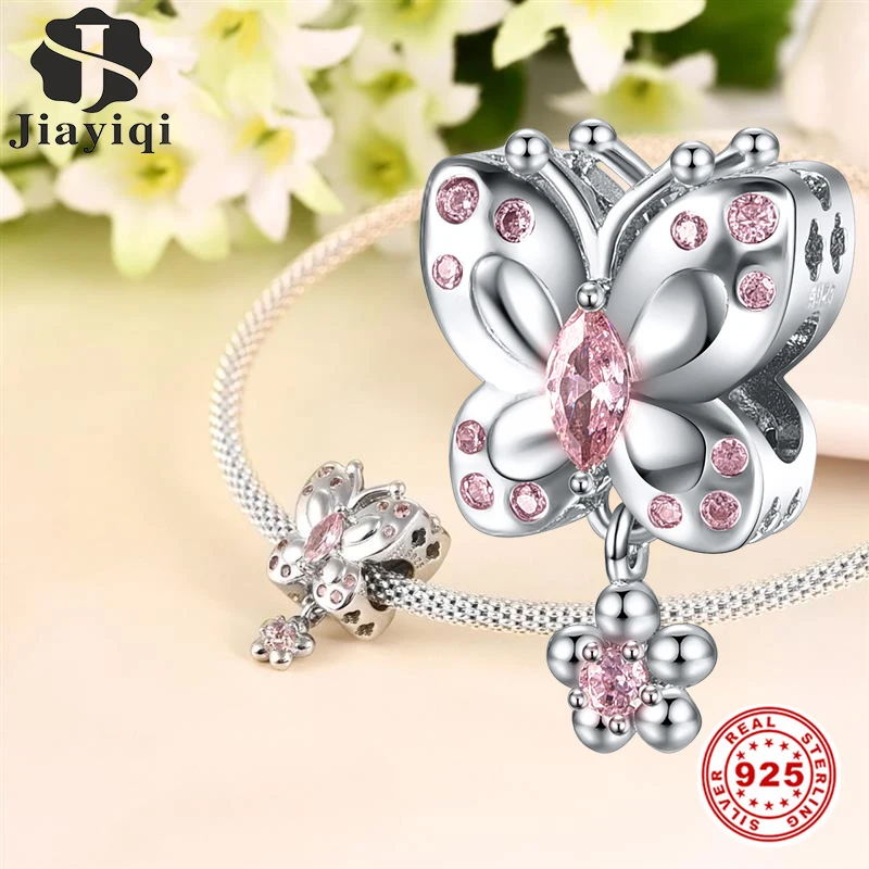 

Jiayiqi Pink Butterfly Charms Fit DIY Bracelet Necklace 925 Sterling Silver Beads CZ Jewelry For Women Valentine'S Day Gift