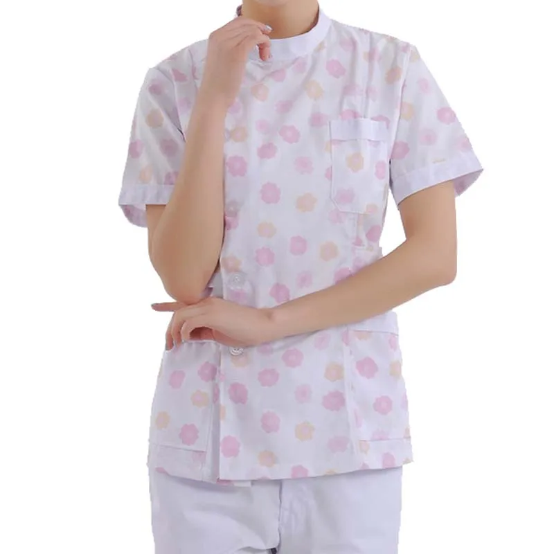 Женская модная медицинская Униформа с принтом, стоячий воротник, короткий рукав, открытые спереди Топы - Цвет: pink