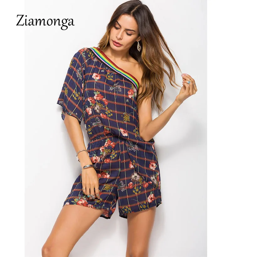 Dark Blue Ziamonga пикантные Летний комбинезон Для женщин с плеча Цветочный принт пляжные трико комбинезон Повседневное Boho вечерние короткий комбинезон - Цвет: Dark Blue