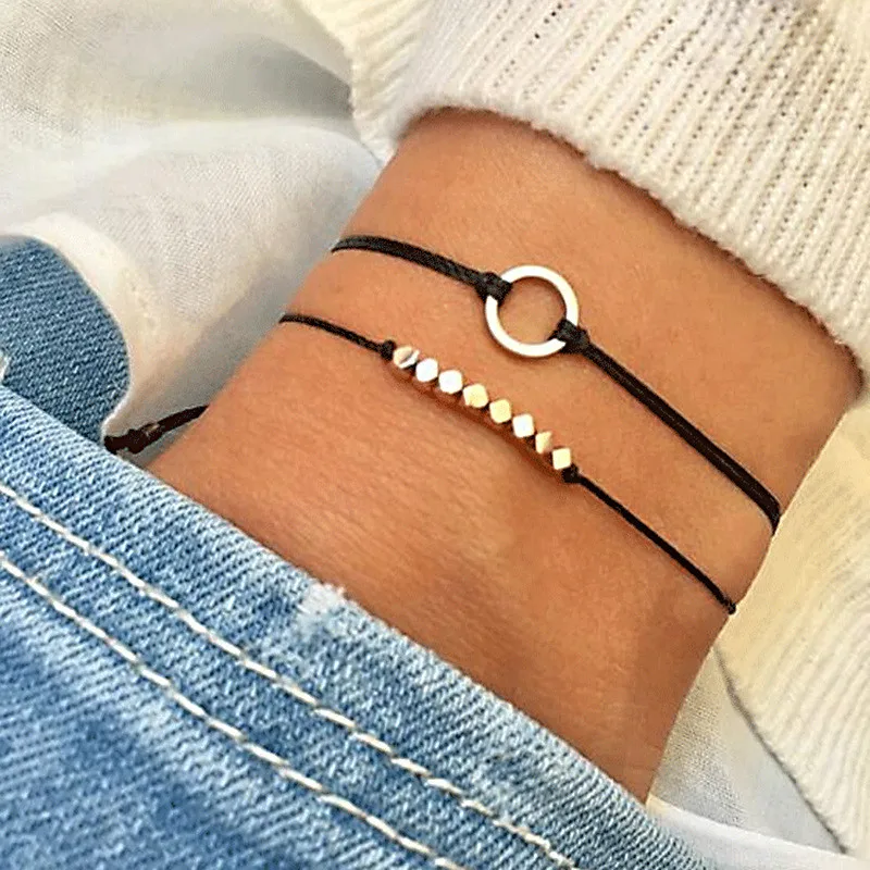 

ZN 2019 Bohemian Geometric Multi-layer Bracelet For Women Rope Chain Gold Circle Pendant Bracelet 1 Set/2Pc Jewelry Gifts