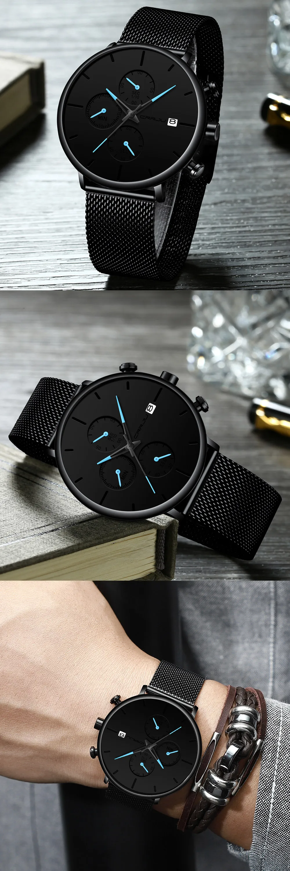 Mens Women StopWatches CRRJU Unique Design Luxury Sport Wrist Watch Stainless Steel Mesh Strap Men's Fashion Casual Date Watches