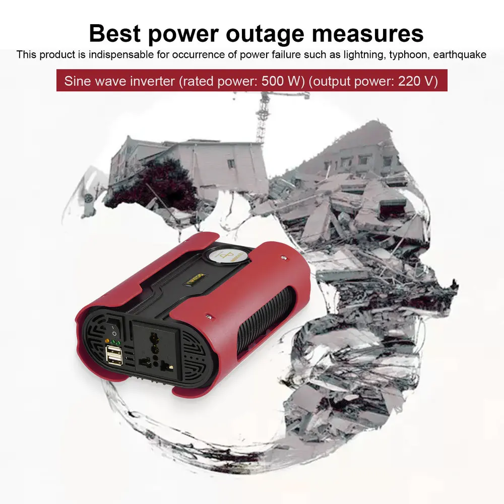 

LESHP Red 500W Peak 1000W Modified Sine Wave Power Inverter Car Power Converter with 2 USB Port DC 12V For Home Appliance