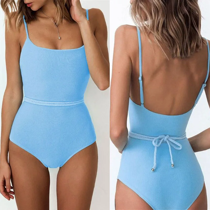 

Women One Piece Swimsuit Thread Ribbed Knitted Bikini Solid Color Sexy Backless Monokini Braided Waist Belt Swimwear Bathing Sui