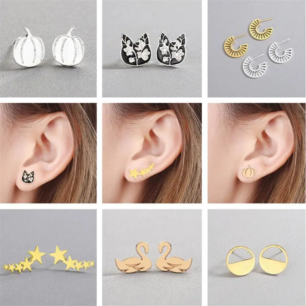 

QIAMNI Pumpkin Cat Star Goose Duck Stud Earring for Women Geometric Spiral Whirlpool Gear Birthday Gifts Pendientes Dropshipping