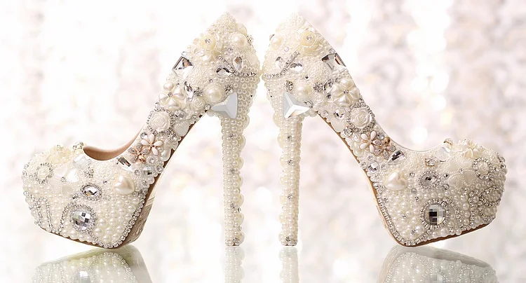 5_Pearl Diamond White Bridal Wedding Shoes Red Platform Super High Heels Woman Elegant Free Shipping Size 40