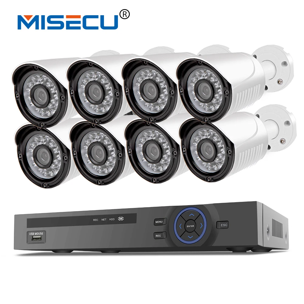 MISECU 48V 8CH 1080P POE NVR 1.0mp 48V PoE Camera Hi3518E HD P2P HDMI Metal Camera System Surveillance 24pc IR PC&Phone XMeye
