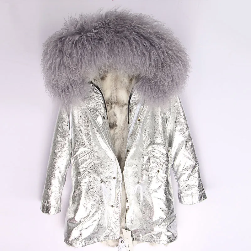 Новая мода женские зимние с натуральным кроличьим мехом Куртка на подкладке пальто Натуральная шерсть с капюшоном меховой воротник парк