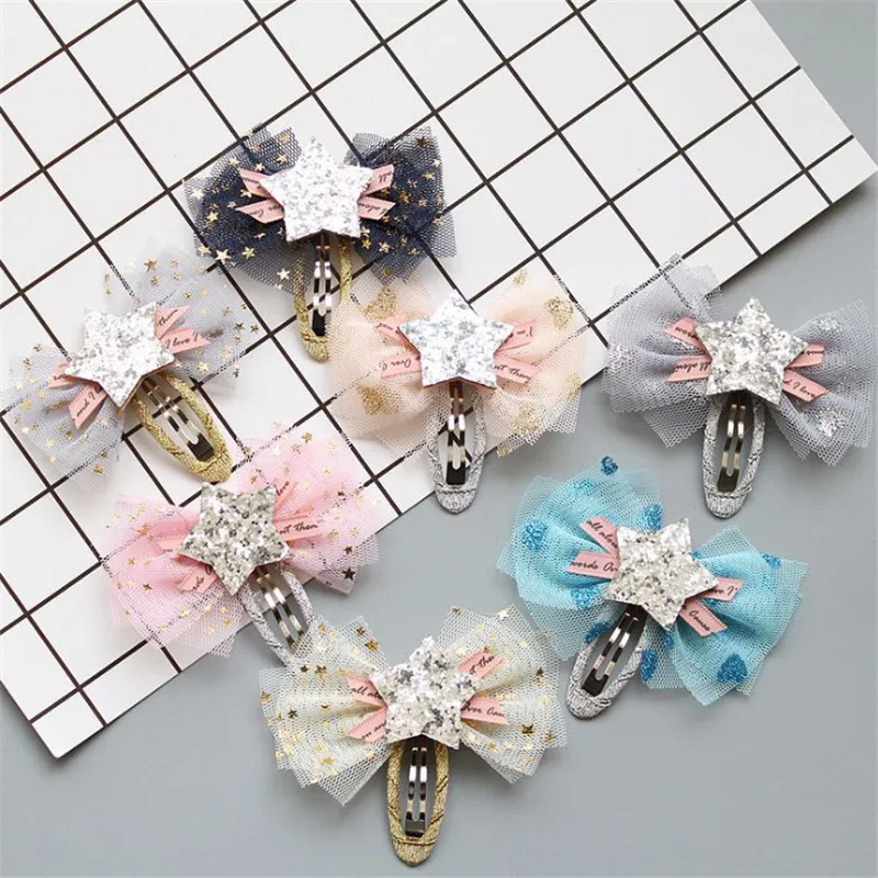 

10pcs/lot Boutique Fashion Glitter Cute Gauze Mesh Bow Star Hairpins Cartoon Bowknot Hair Clip Hair Accessories Princess BB Clip