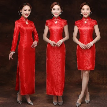 

Elegant Women Flower Cheongsam Bride Wedding Dress Classic Red Printed Qipao Mandarin Collar Plus Size 3XL 4XL Evening Gowns