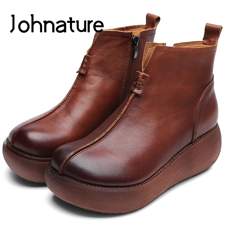 

Johnature 2019 New Autumn Genuine Leather Round Toe Casual Retro Lady Boots Fashion Ankle Zipper Women Shoes