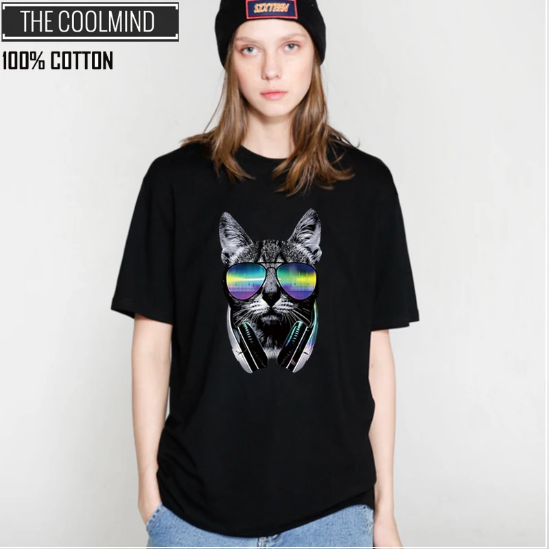 COOLMIND QI0313B 100% القطن بارد الموسيقى DJ القط طباعة إمرأة T قميص الصيف عارضة المرأة التي شيرت فضفاض قمم تي شيرت المحملة قمصان COOLMIND QI0313B 100% القطن بارد الموسيقى DJ القط طباعة إمرأة T قميص الصيف عارضة المرأة التي شيرت فضفاض قمم تي شيرت المحملة قمصان