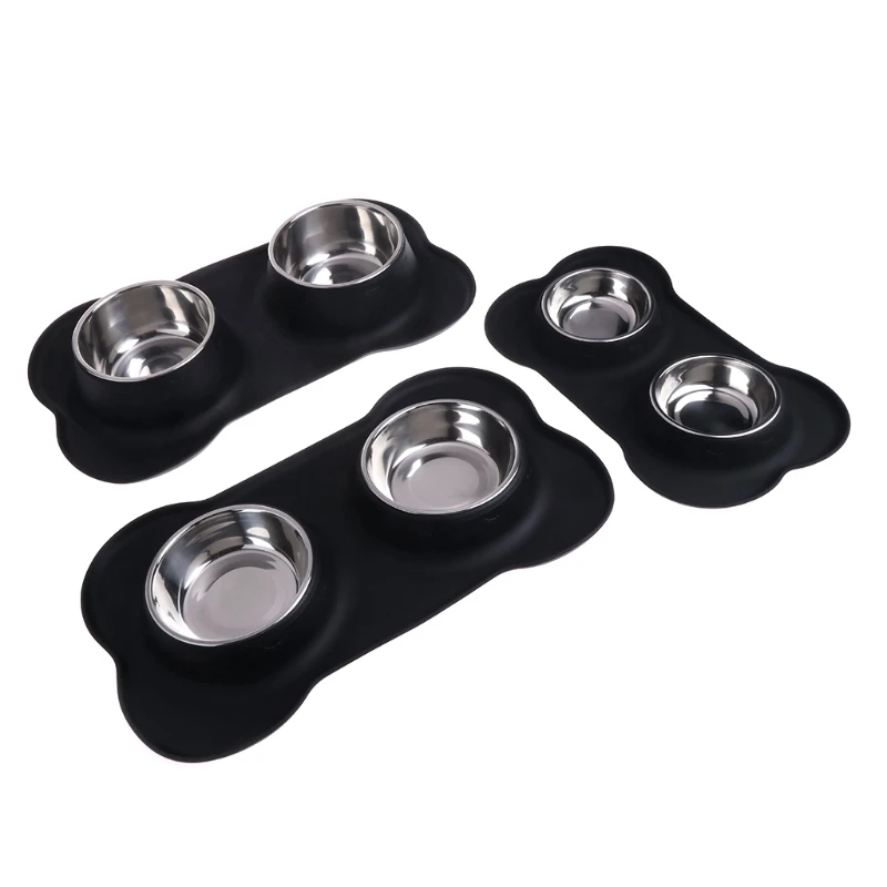 

Pet Dogs Double Bowl Silicone Mat Non Slip No Spill Food Feeder Stainless Steel for dogs