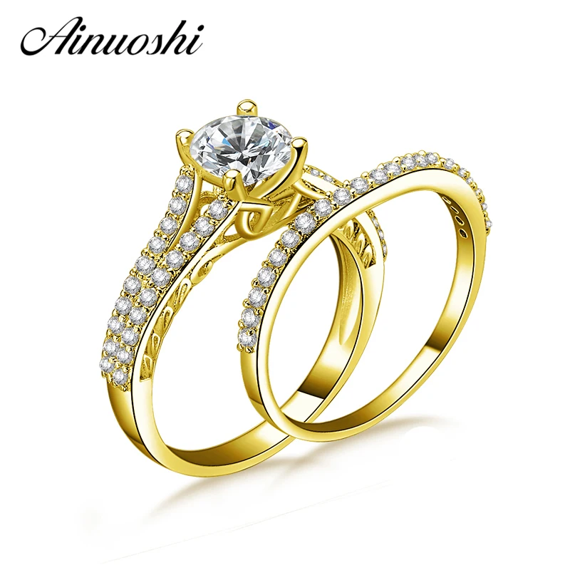 

AINUOSHI 10k Solid Yellow Gold Wedding Ring Set 4 Prongs 1ct Round Cut Ring Set Generous Engagement Wedding Jewelry for Woman