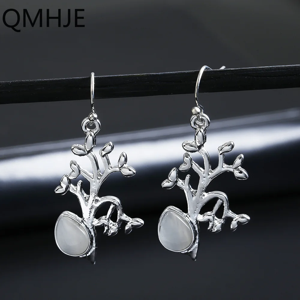 

Imitation Moonstone Small Dangle Earrings Plant Branch Drop Earring Silver Color Bohemian Ethnic Vintage Indian Jewelry DBE094