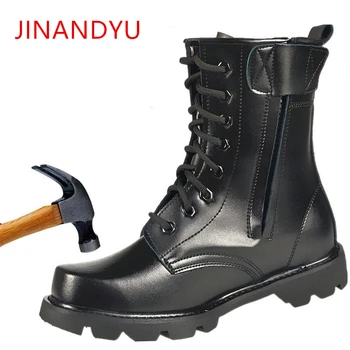 Steel Toe Men Military Boots Leather Safety Shoes for Men Spring Fashion Lace Up Black Ankle Platform Motorcycle Boots luxury pom pom decor ankle boots lace up black leather ankle strap buckle round toe ridding boots flats women motorcycle boots