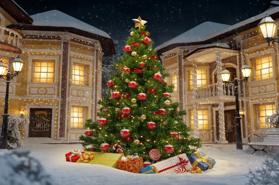 

Laeacco City House Yard Christmas Tree Snow Dusk Photography Backgrounds Customized Photographic Backdrops For Photo Studio