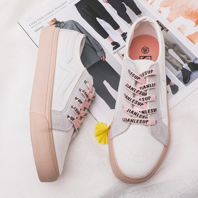 

2019 New Women Vulcanized Shoes Flats Lace up Tennis Shoes Breathable Ladies Canvas Shoes Female Sneakers Casual Platform Shoes