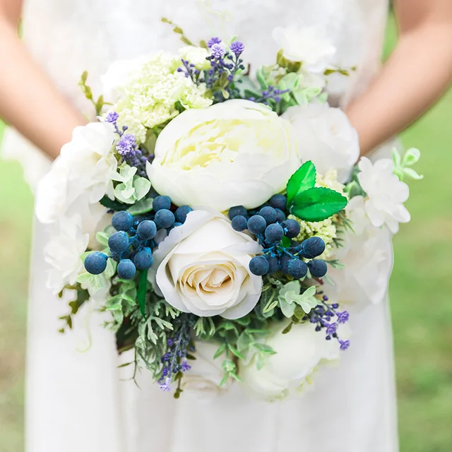 2018 New Vintage Wedding Flower Bridesmaid Bridal Bouquet Artificial 2018 New Vintage Wedding Flower Bridesmaid Bridal Bouquet Artificial Cream White Rose Blue Berry
