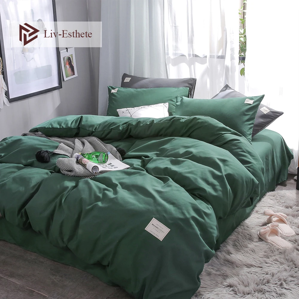 

Liv-Esthete Dark Green Luxury Bedding Set Soft Home Duvet Cover Flat Sheet Double Queen King Adult Bed Linen Bedspread As Gift