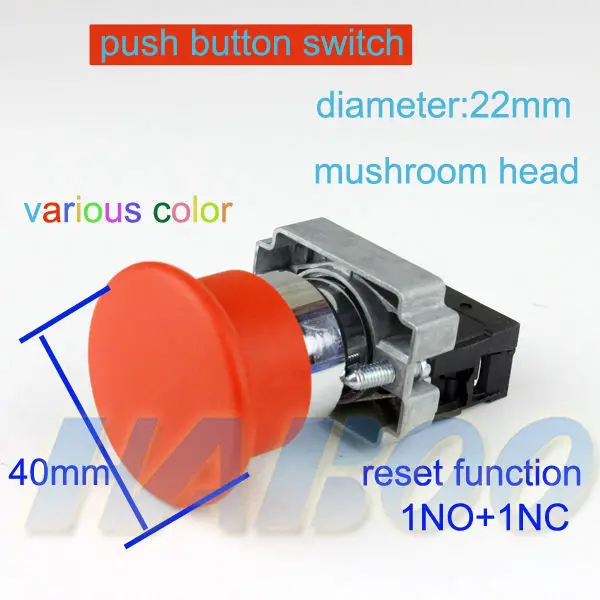 

5PCS mushroom head push button reset switch dia.22mm momentary electrical switch 1NO+1NC 10A 600V