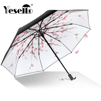 

Yesello Cherry Blossoms Folding Umbrella Rain Women Gift Men White Parasol Lady Anti-UV Waterproof Portable Travel Umbrella