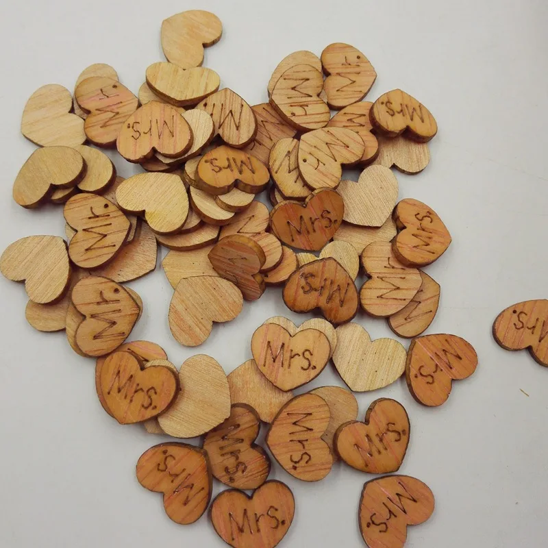 100 шт./лот, деревянные пуговицы в форме сердца с английскими буквами, деревенские Свадебные вечерние украшения для стола, свадебные деревянные конфетти