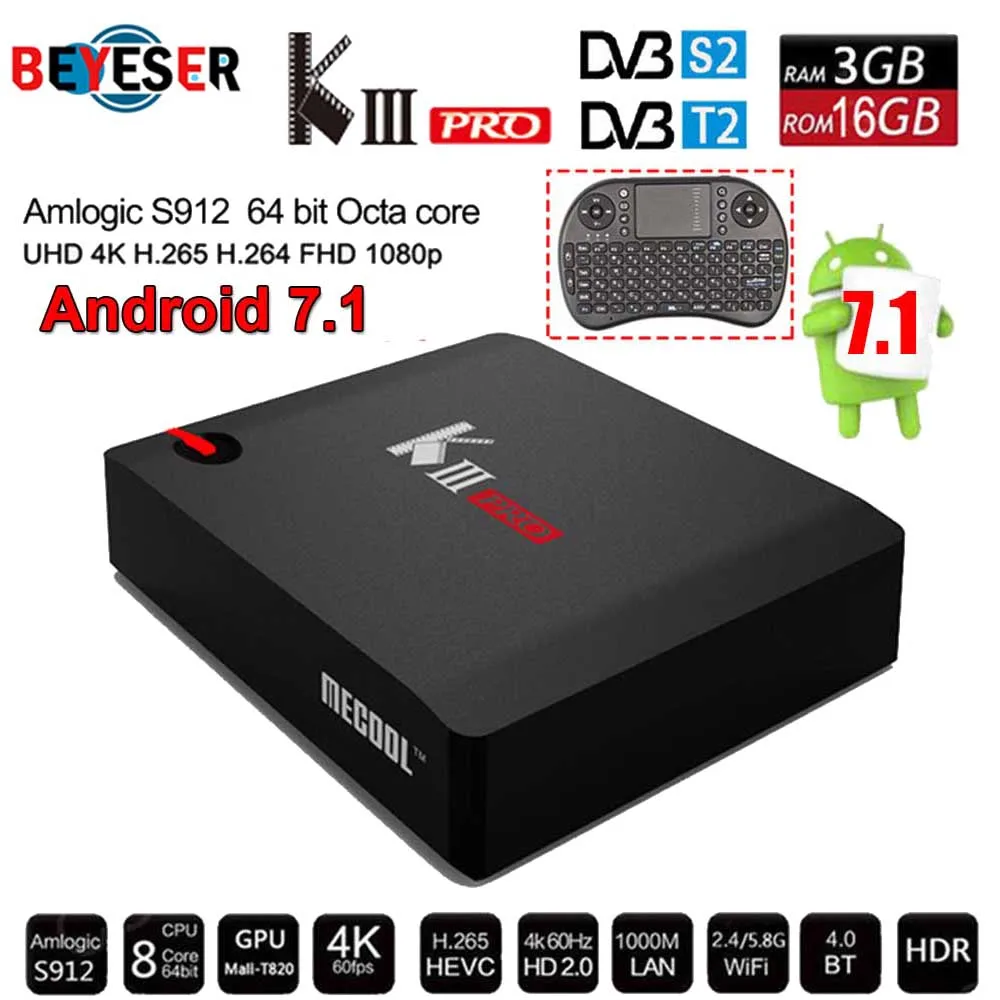 

KIII PRO Android 7.1 3G RAM 16G ROM Amlogic S912 OCTA Core 64bit COMBO Hybrid TV Box Cline Biss PVR Timeshift 4K k3 pro MECOOL