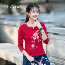 Осенняя новая хлопковая футболка с длинными рукавами и круглым вырезом и вышивкой