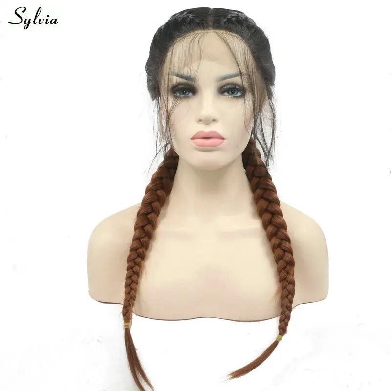 Sylvia 2x твист косички парик, черный, Омбре коричневый 2 тона синтетические волосы спереди парики две косы термостойкие волокна женские волосы 24"