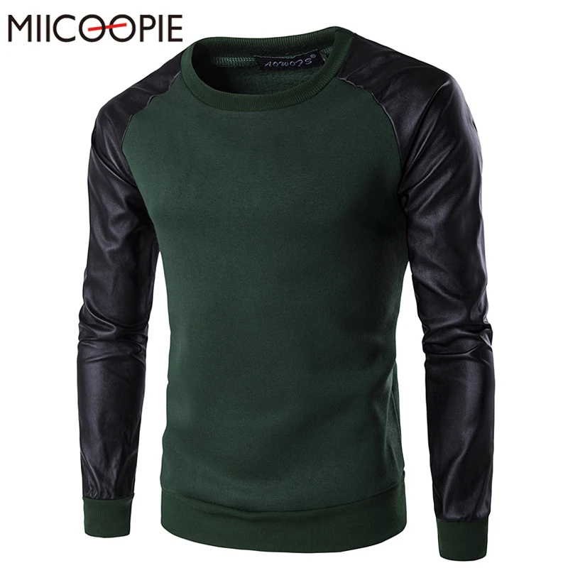 

Hoodies Men New Fashion Lether Patchwork Men's Pullover Slim Hedging Hoodie Sweatshirts O-neck Casual Hoodie Jacket Coats Men