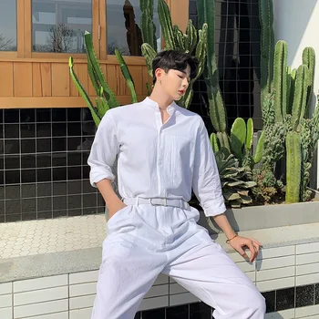 

Men Long Sleeve Stand Collar Shirt Overalls Pant Summer Cotton Linen Loose White Jumpsuits Male Streetwear Stage Show Trousers