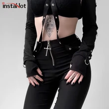 InstaHot Готический Панк Карандаш Эластичные Брюки Женщины Крест Молнии Назад Карманы Высокой Талией Лучший!