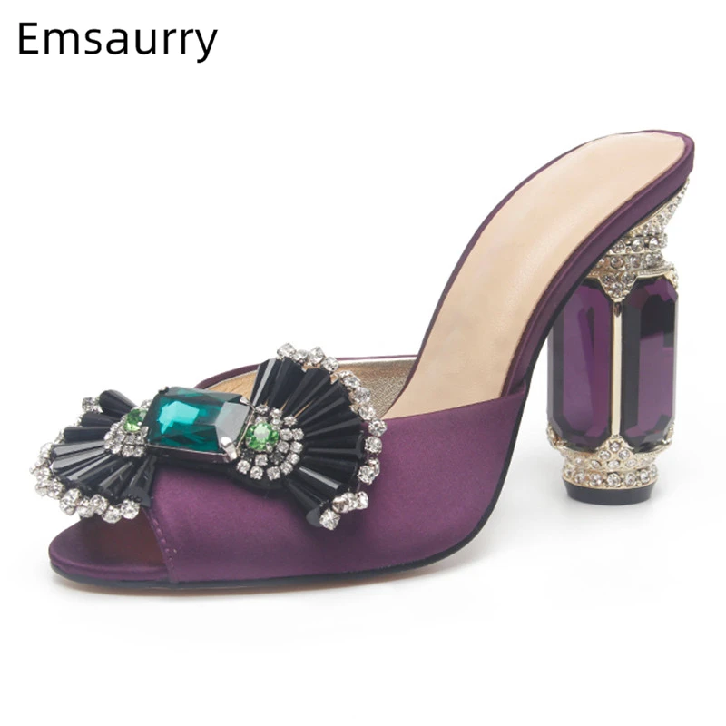 

2019 Sweet Candy Butterfly-knot Slippers Women Jewelled Diamond High Heel Mules For Lady Luxury Satin Rhinestone Shoes Woman