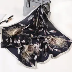 Модные Элитный бренд черный Для женщин шарф перо Шелковый платок шарф платки плед квадратная голова шарфы палантины 2018 Новый 70x70 см FJ078