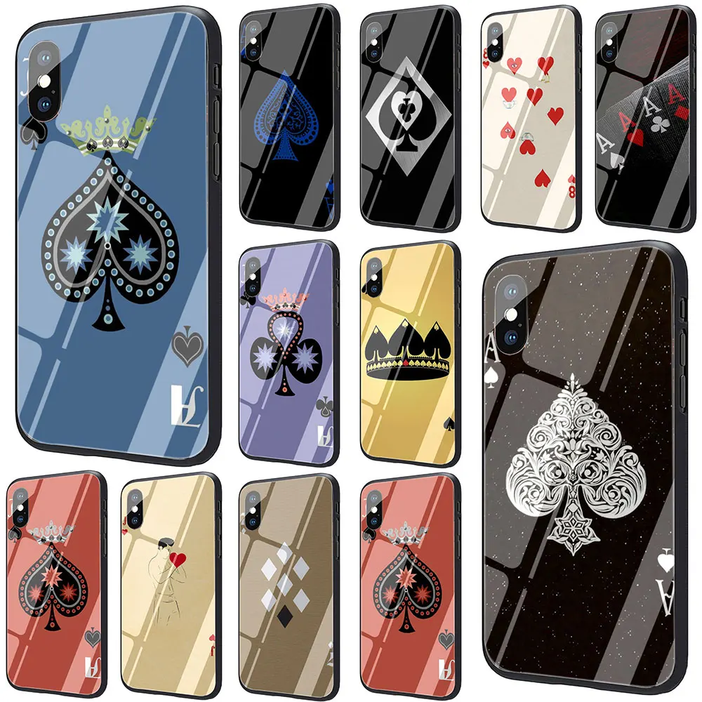 

Spades Poker Play Cards Tempered Glass TPU Black Case for iPhone 11 Pro X or 10 8 7 6 6S Plus Xr Xs Max