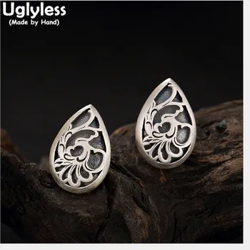 

Uglyless Real 999 Silver Fine Jewelry for Women Engraved Peacock Studs Earrings Waterdrop Ethnic Brincos Jewelry Vintage Bijoux