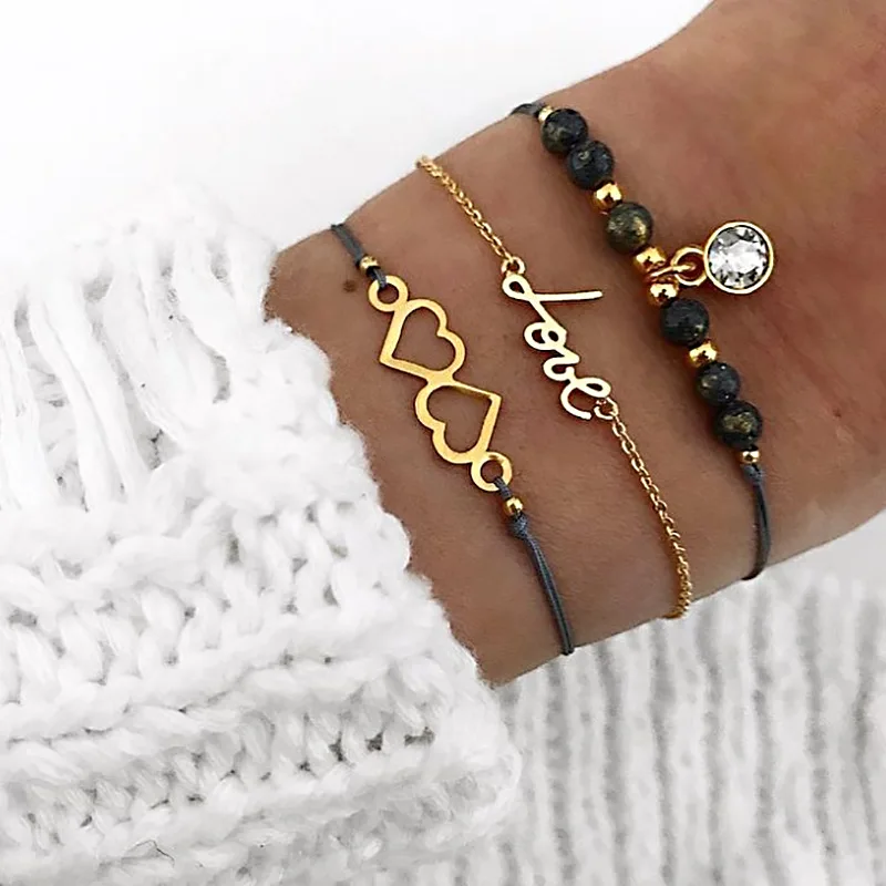 Crazy Feng Natural Stone Charms Bracelets Set For Women Double Love Letter Bracelet Chain Link Leather Pulseras Mujer Jewelry | Украшения и