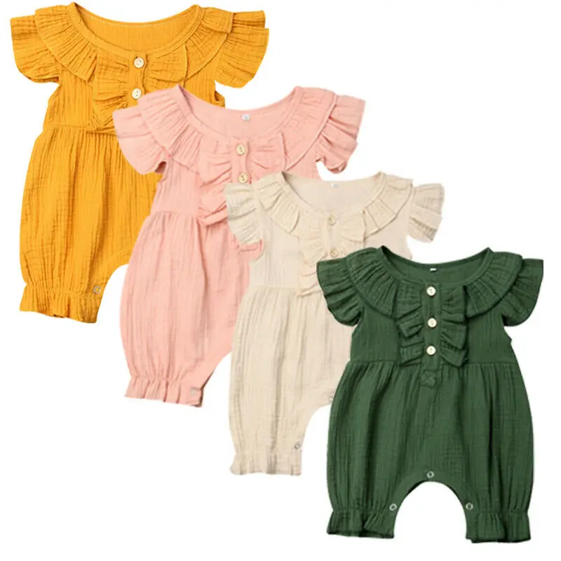 

Baby Girl Romper Jumpsuit Cotton Linen Solid Playsuit Flutter Sleeve One-Piece Jumpsuit Infant Summer Clothes
