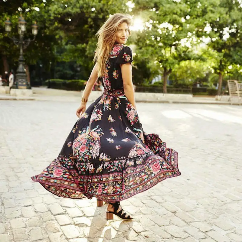 Женское летнее богемное народное Длинное Макси Вечернее Летнее платье с глубоким v-образным вырезом пляжное платье Сарафан