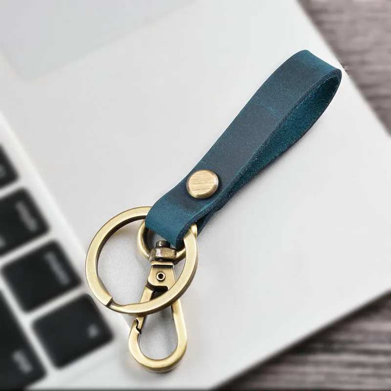 Ручной работы автомобильный держатель для ключей винтажный держатель для ключей из натуральной кожи для мужчин воловья бирка покрытое бронзовое кольцо держатель для ключей - Цвет: Blue Keychain